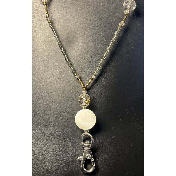 Beaded Lanyard ID Badge Holder Necklace Copper, Clear, Cream Beads Approx 32" - Picture 3 of 3